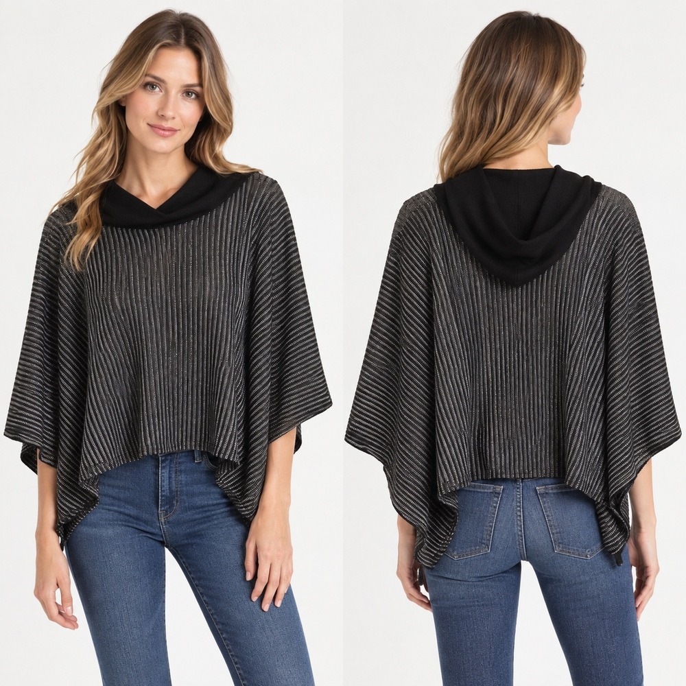 Zara Trafaluc Whimsigoth Metallic Silver Striped Hooded Poncho Sweater Black S/M